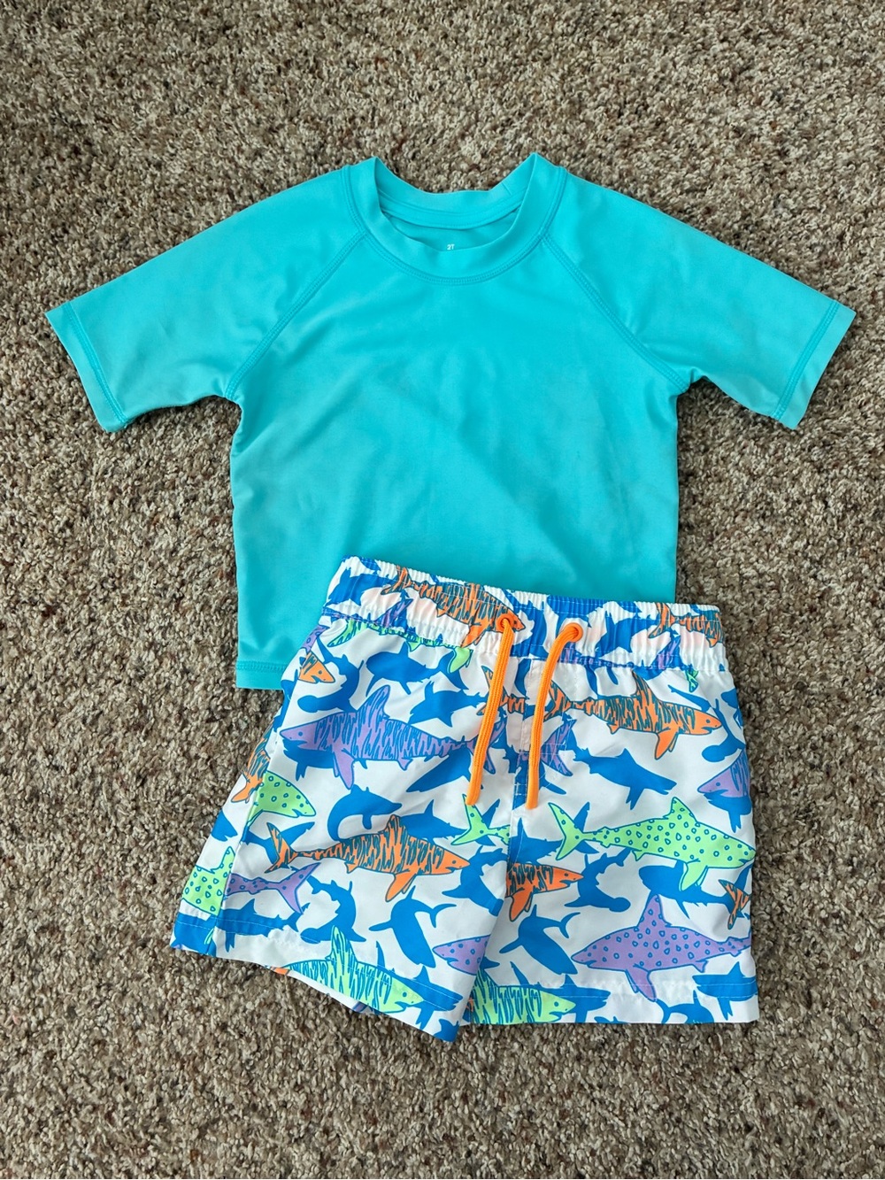 2T Turquoise Short-Sleeve Rash Guard with Shark-Print Swim Trunks